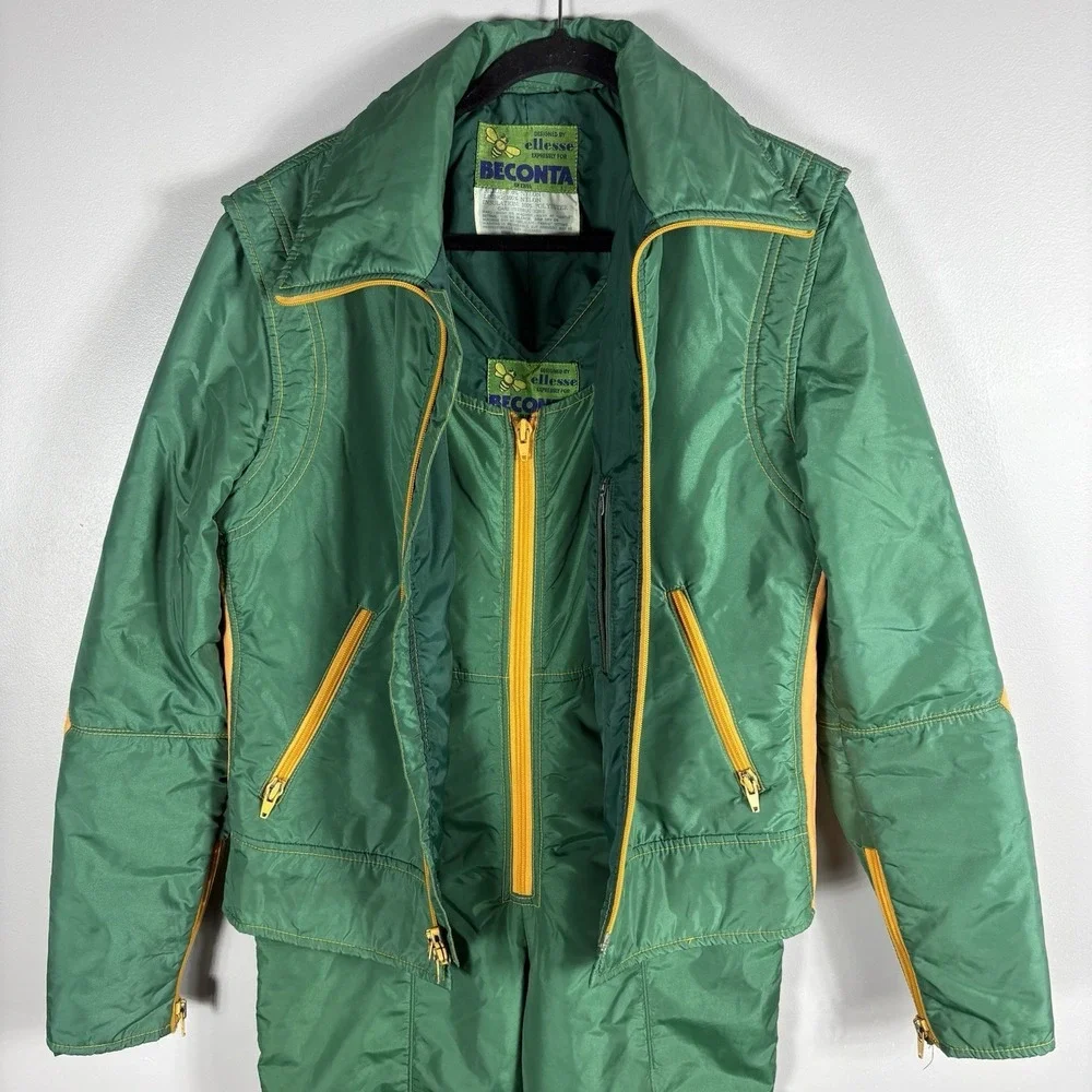 Beconta Men's Medium Green Orange Two Piece Coat Jacket 60s 70s‎ Snow Bib VTG